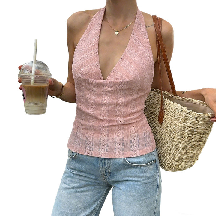Women's cami top with halter neckline and delicate lace detailing Lune London
