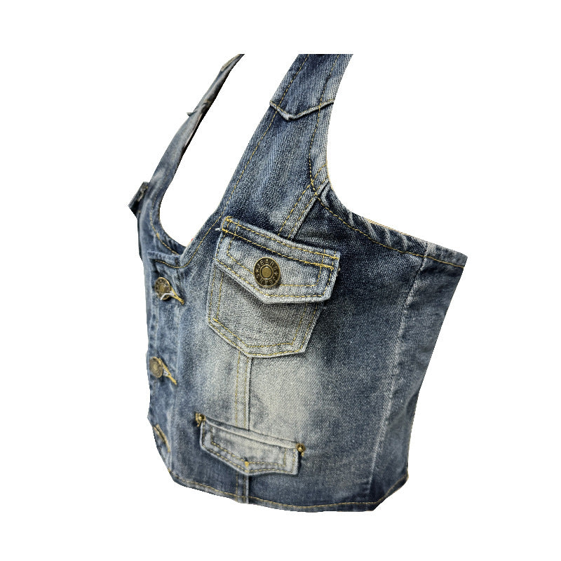 Women's denim crop top with decorative button details and deep V-neck Lisslune