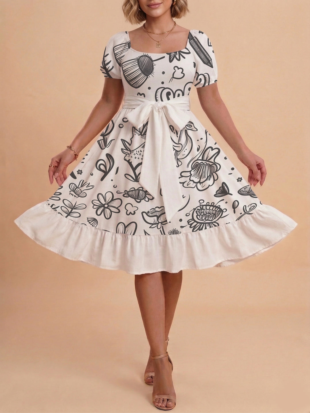 Women's Midi Dress with Elegant Floral Print and Fitted Belt Lisslune
