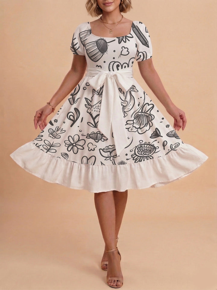 Women's Midi Dress with Elegant Floral Print and Fitted Belt Lisslune