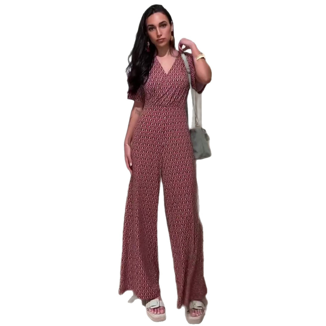 Women's jumpsuit with elastic waistband and deep V-neck Lisslune