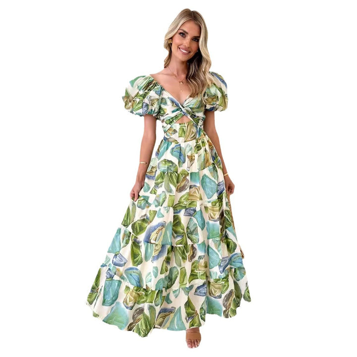 Women's maxi dress with voluminous puff sleeves and floral pattern