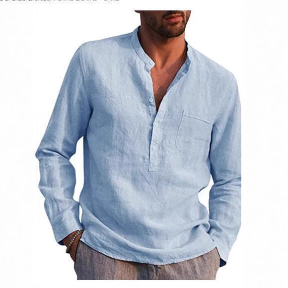Men's linen shirt with classic Henley neckline and chest pocket Lisslune