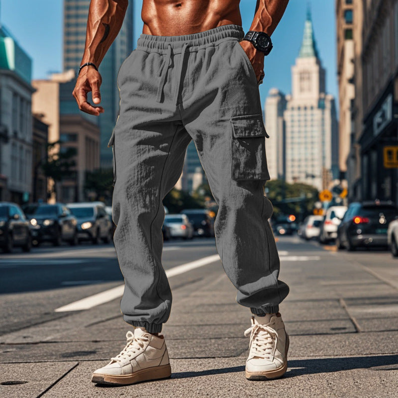 Men's cargo pants made of breathable linen blend with elastic waistband and practical side pockets Lisslune