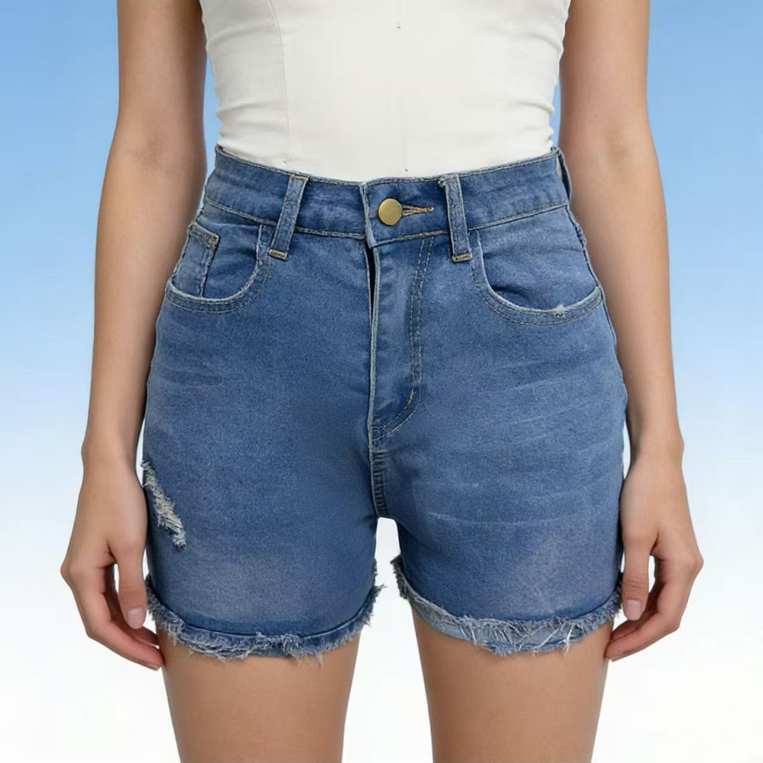 Women’s Casual High-Waist Denim Shorts with Fringes and Fashionable Destroyed Details Lisslune