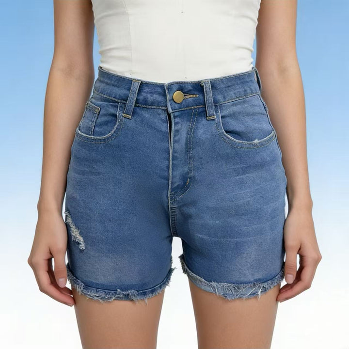 Women’s Casual High-Waist Denim Shorts with Fringes and Fashionable Destroyed Details Lisslune