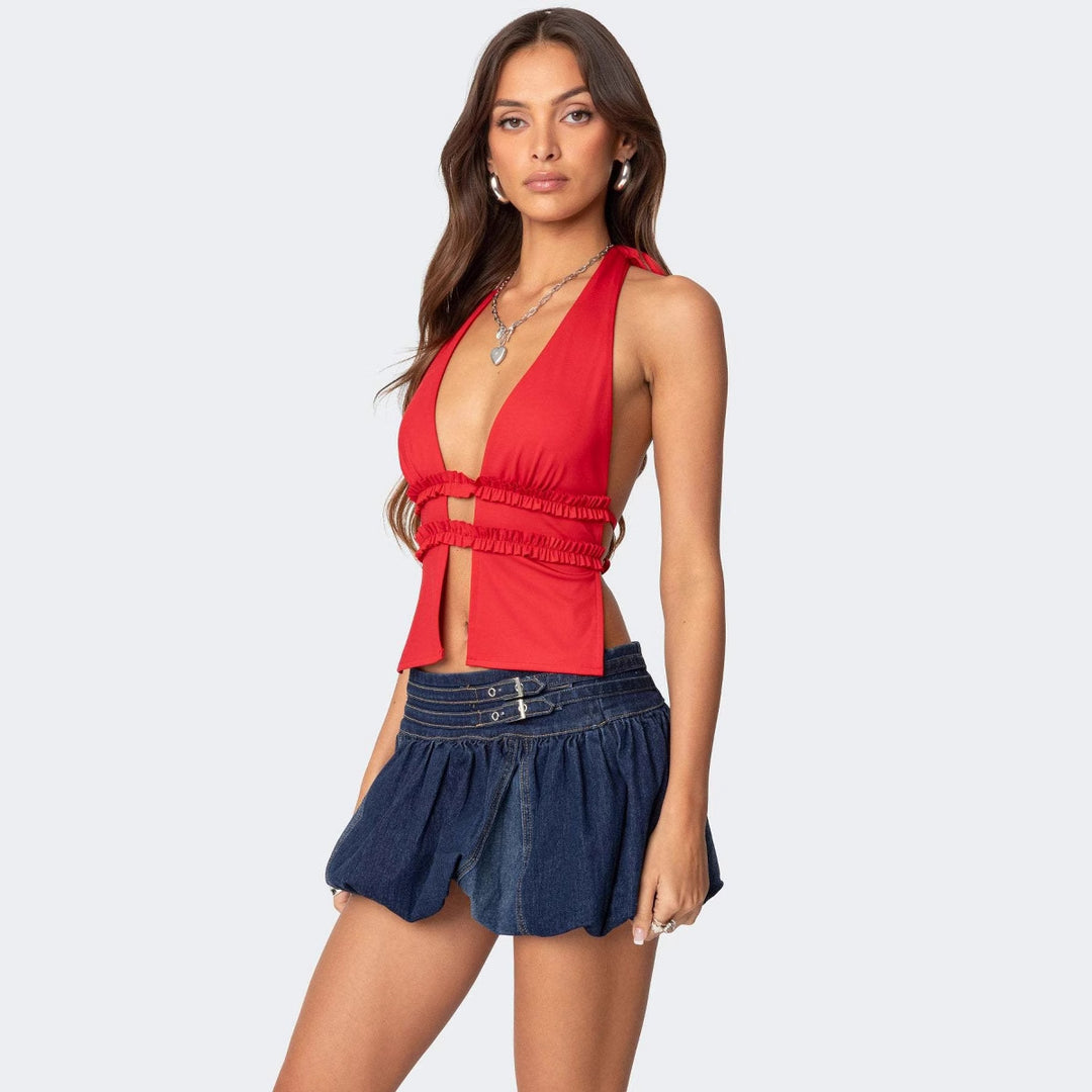 Ladies Cropped Top with strapless neckline and ruffle details Lisslune