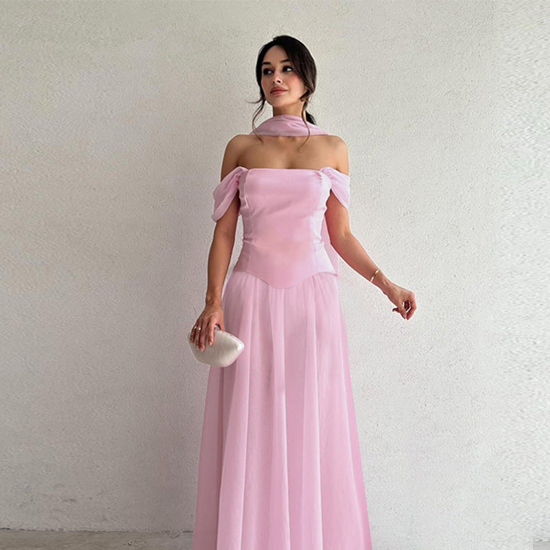Women's Elegant Evening Dress with Off-Shoulder Puff Sleeves and Choker