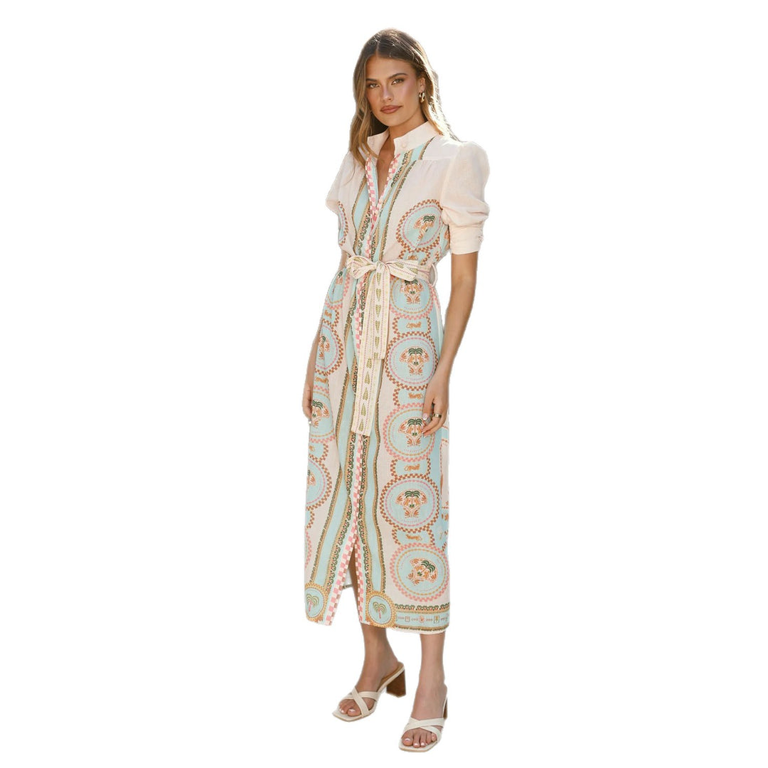 Women's maxi dress with sophisticated pattern and waist lacing Lune London