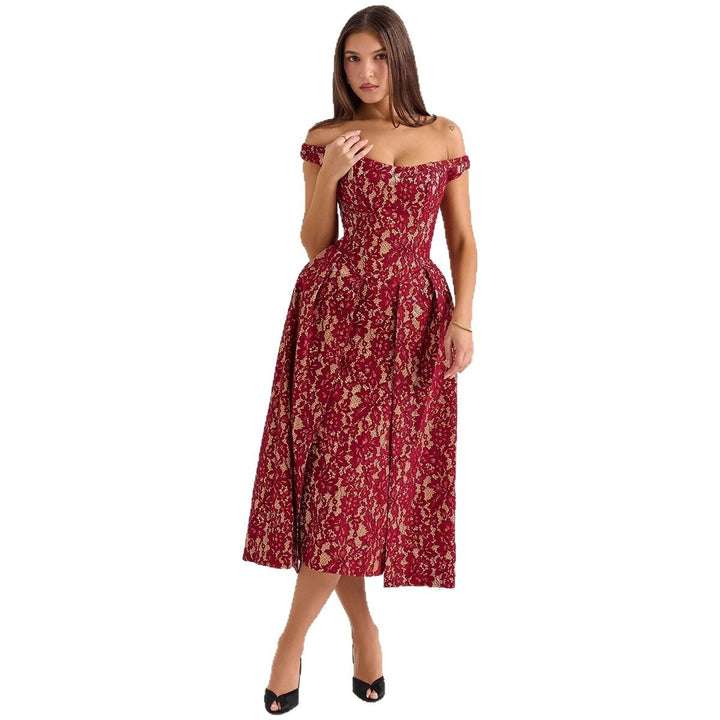 Women's evening dress with refined lace appliqués and elegant cut