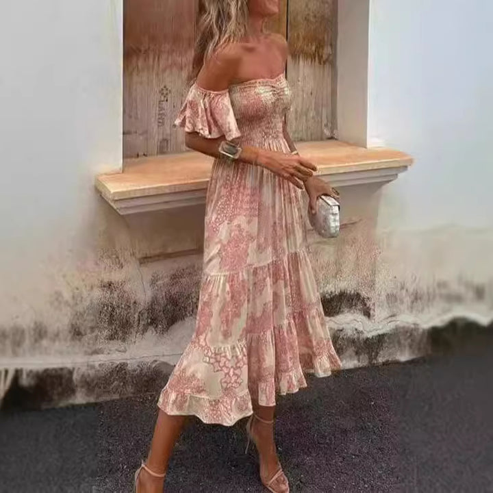 Women's Off-Shoulder Maxi Dress with Ruffle Details and Elastic Waistband Lune London