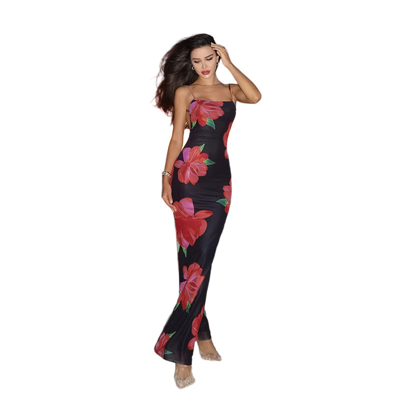 Women's fitted maxi dress with floral accents and narrow spaghetti straps Lune London