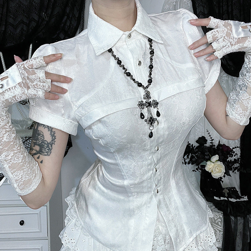 Ladies corset blouse with ruffle cut and high-neck design