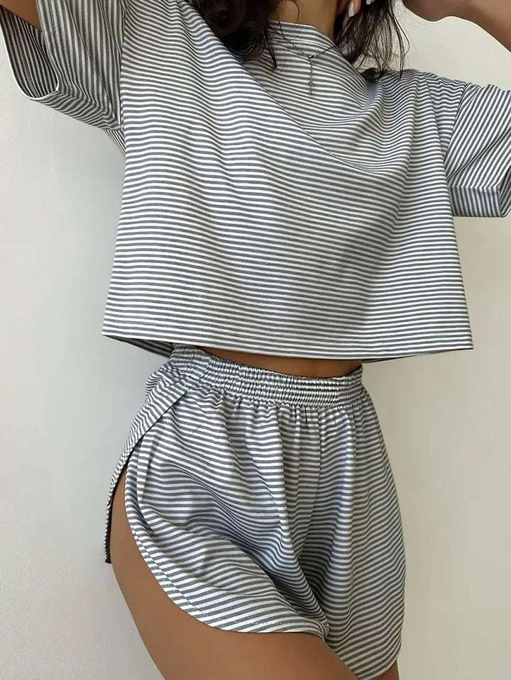 Women’s Casual Striped Set with High-Cut Design and Elastic Waistband Lisslune