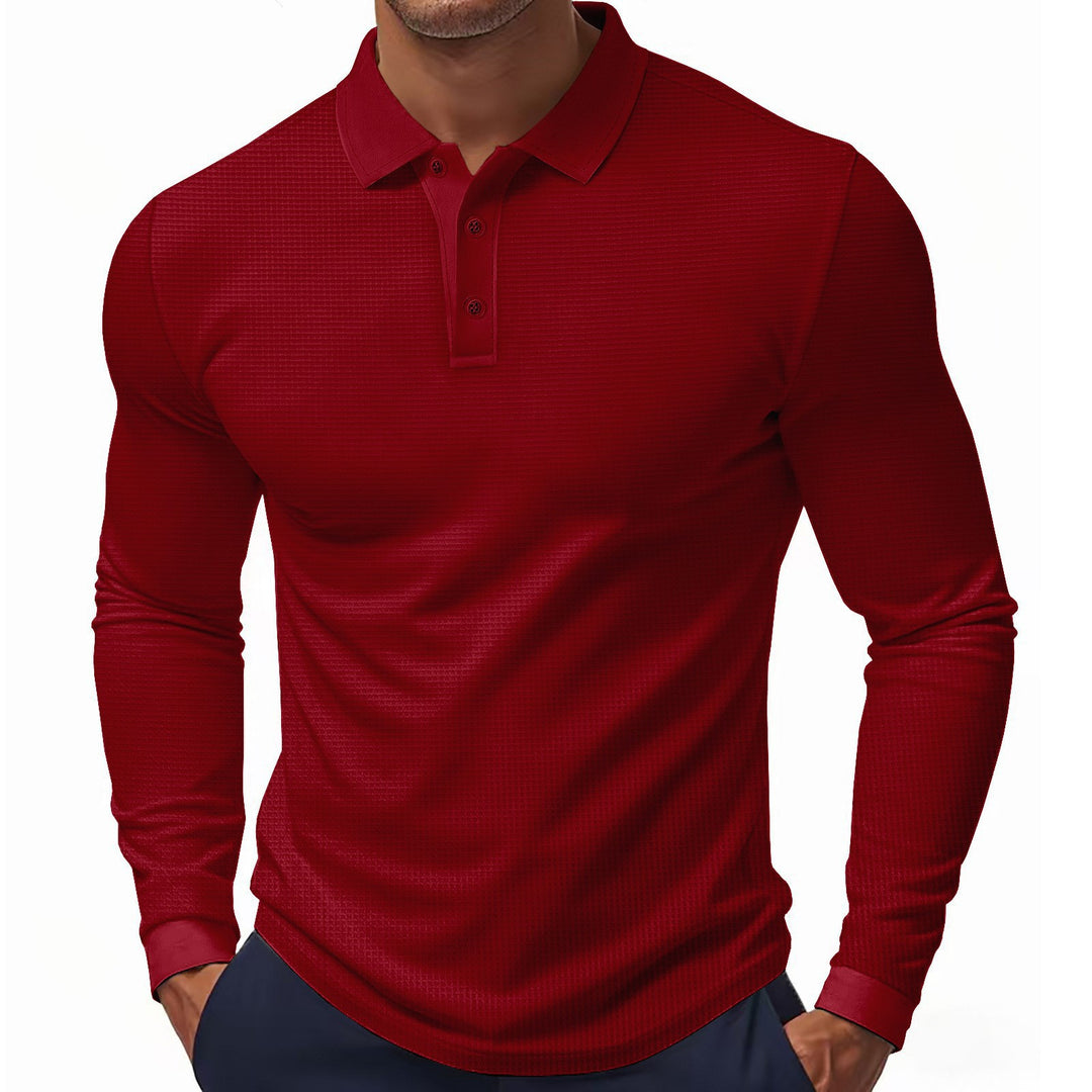 Men's Long Sleeve Polo Shirt with Textured Surface Lisslune