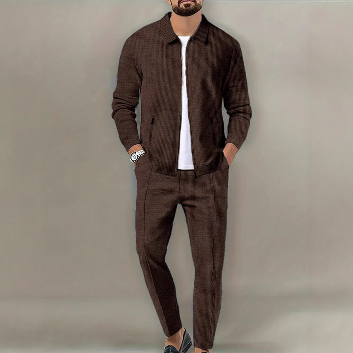 Men's Cut Leisure Jacket and Trouser Set with Textured Design Lisslune