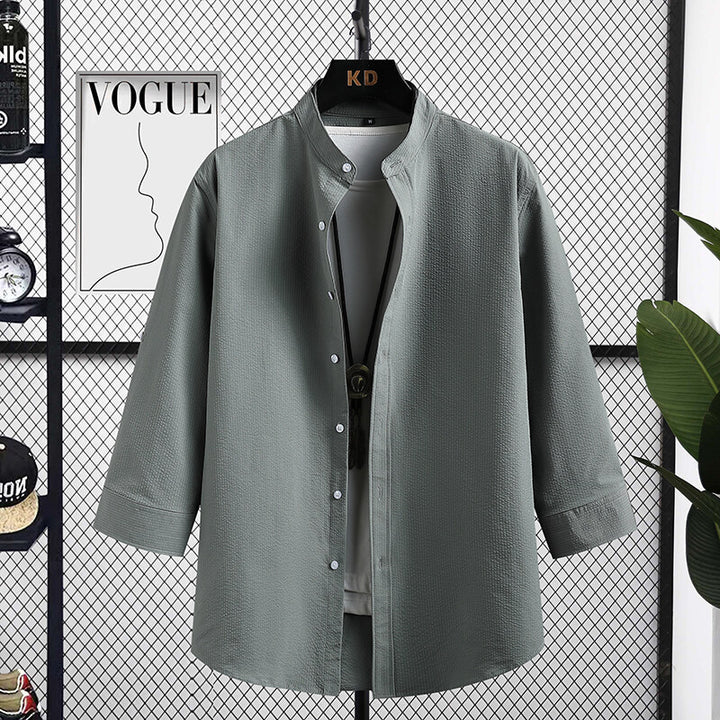 Men's Nice Long Sleeve Shirt with Modern Stand-Up Collar and Textured Fabric Lisslune