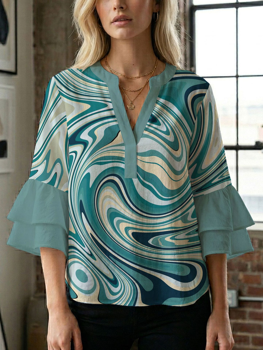 Women's blouse shirt with voluminous sleeves and creative print design Lisslune