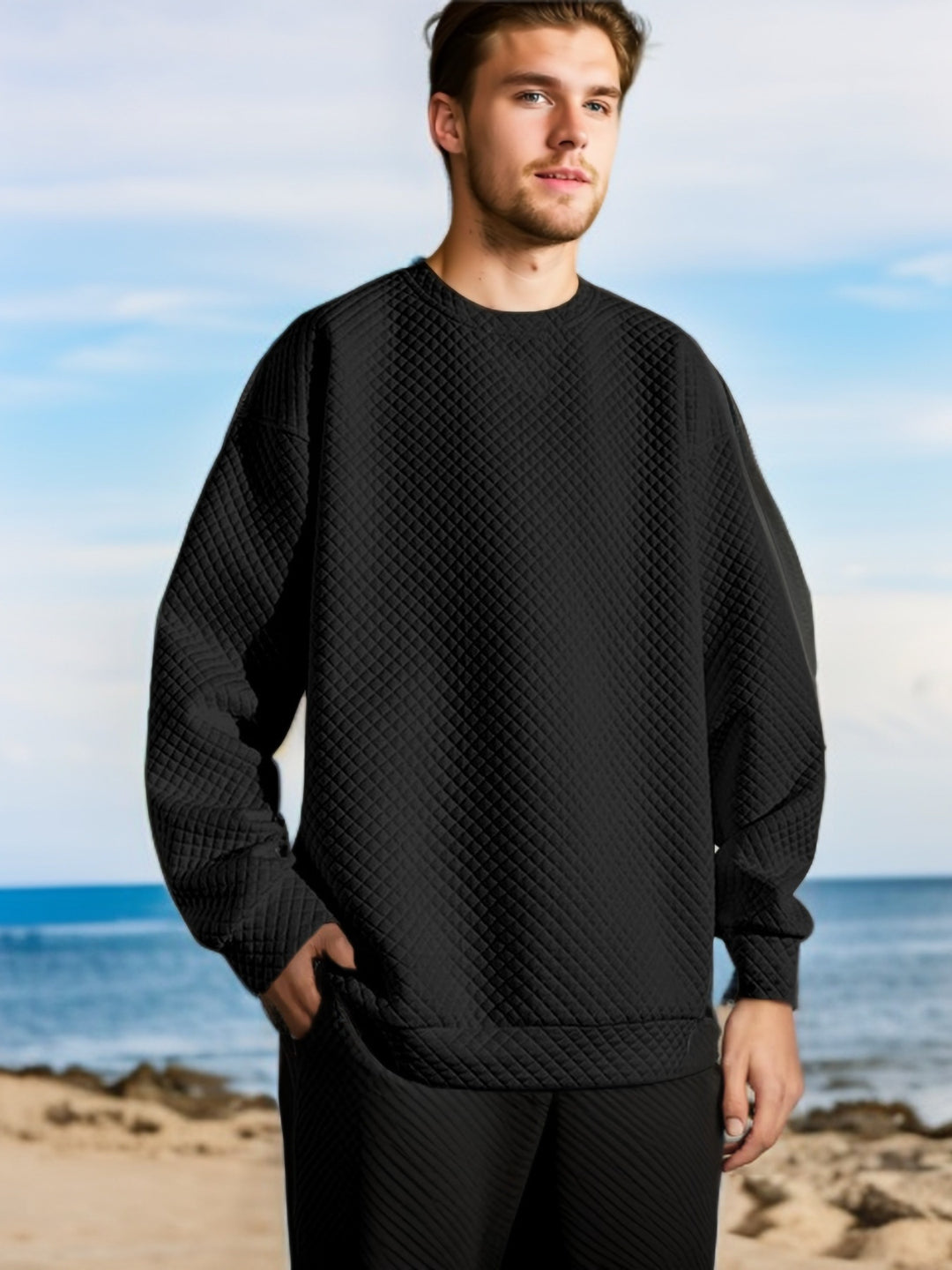 Men's Oversized Sweatshirt with Textured Design and Practical Side Pockets Lisslune