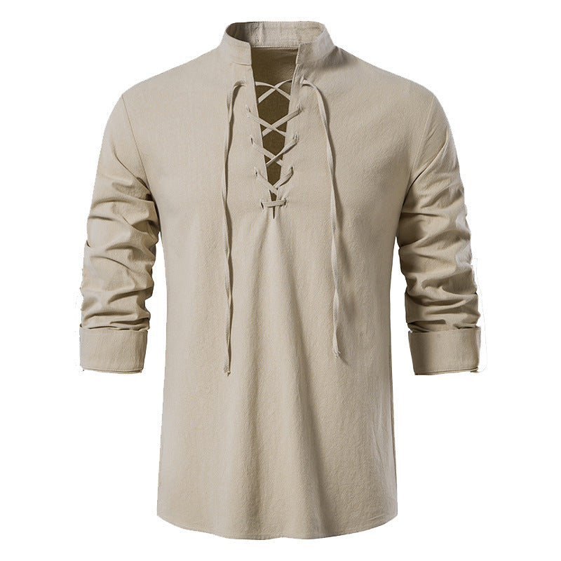 Men's casual long-sleeve shirt with innovative lacing and modern stand-up collar Lisslune