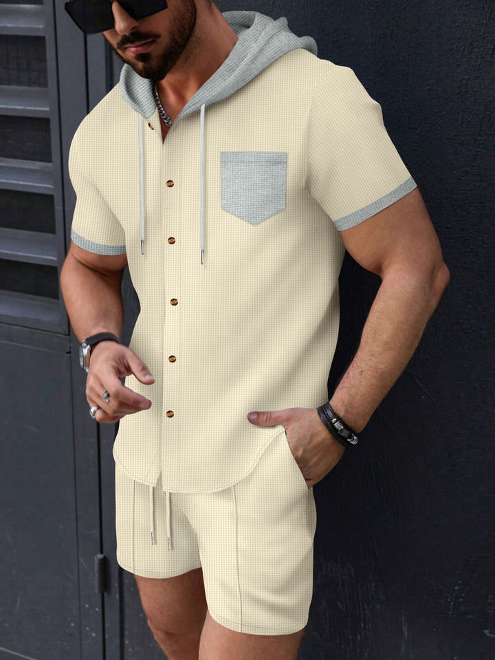 Men's fashionable short-sleeve shirt with matching shorts and practical hooded design Lisslune