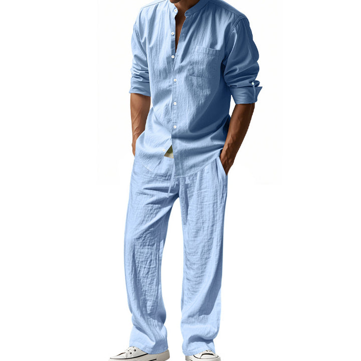 Men's casual linen outfit with button placket and elastic waistband Lisslune