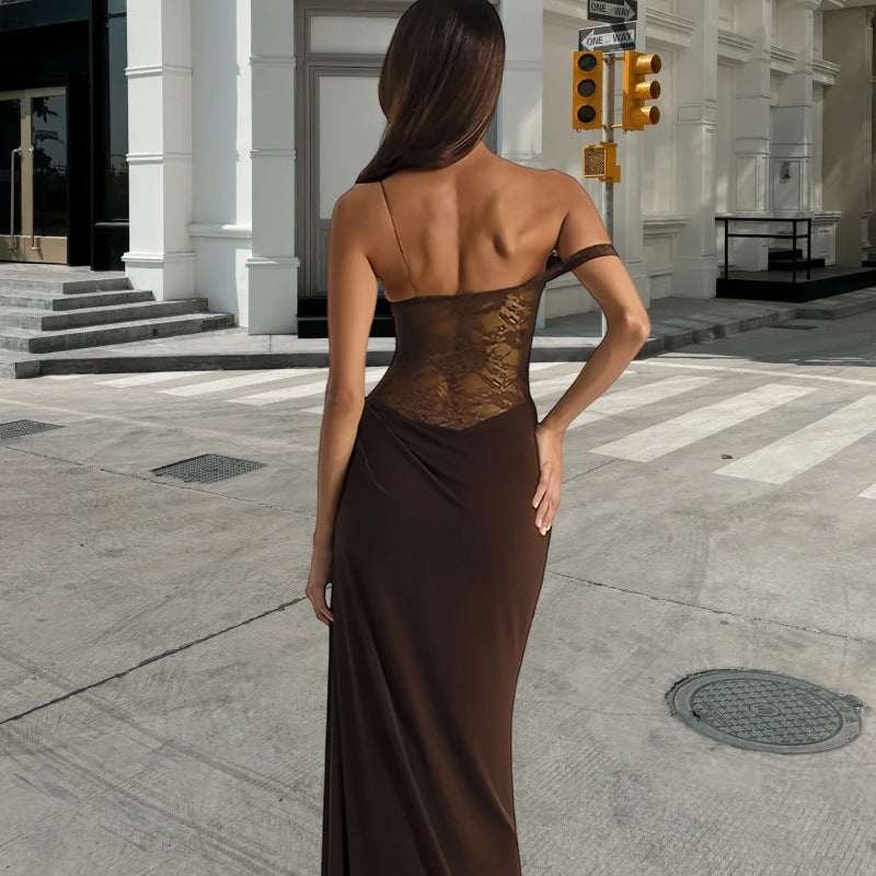 Ladies evening dress with off-shoulder lace top and flowing skirt Lisslune