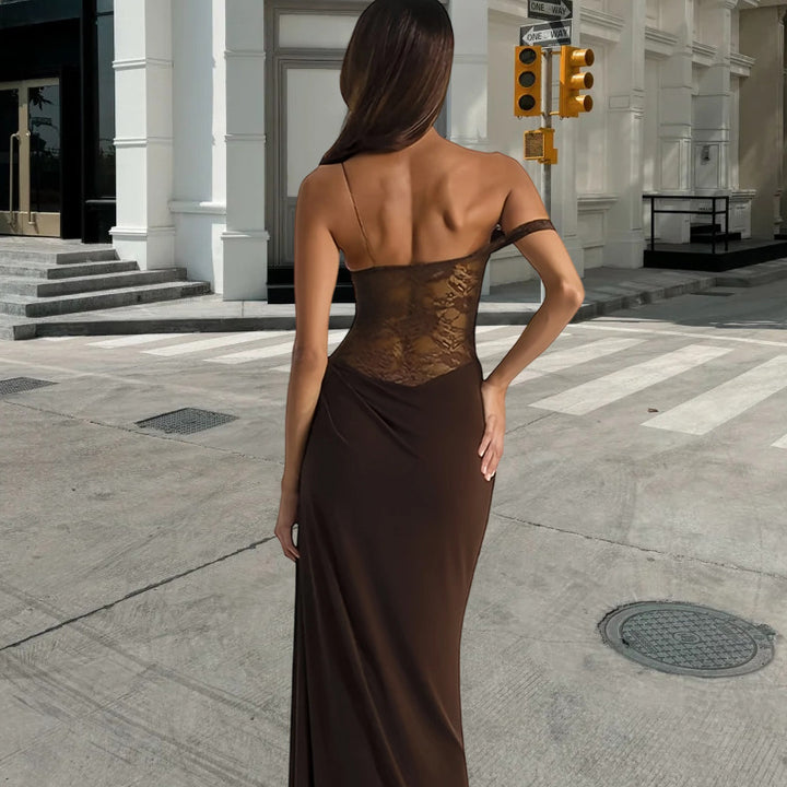 Ladies evening dress with off-shoulder lace top and flowing skirt Lisslune