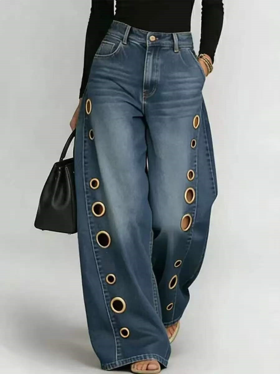 Women's Wide-Cut Jeans with Decorative Eyelets and High Waist Lisslune