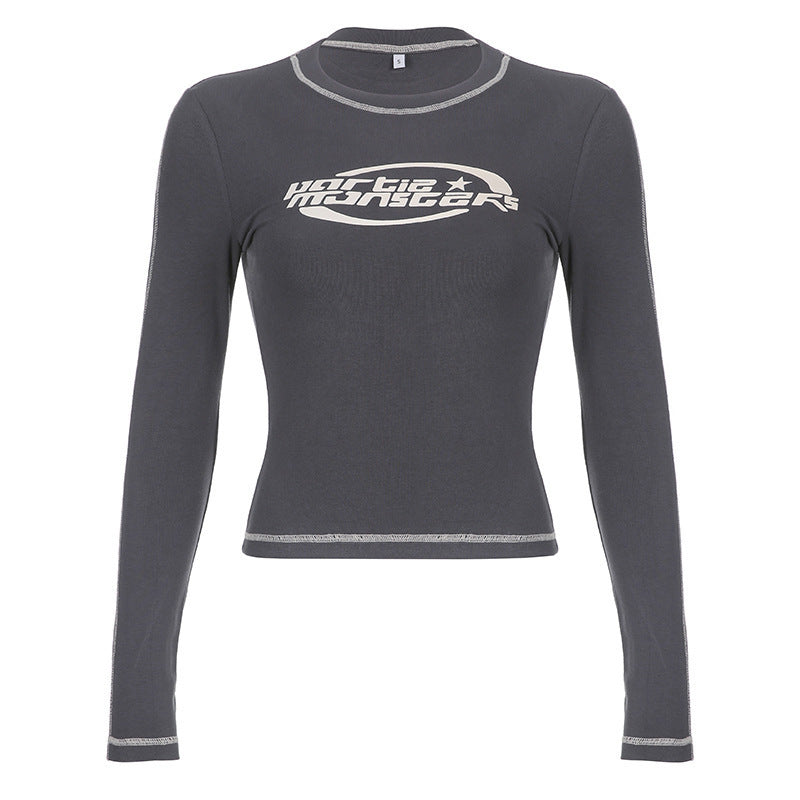 Women's Long Sleeve Crop Top with Modern Text and Casual Cut