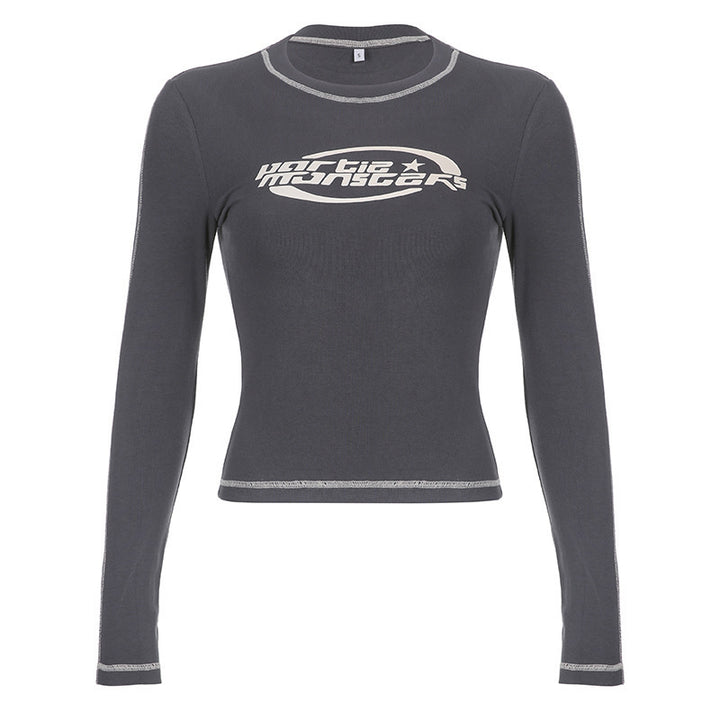 Women's Long Sleeve Crop Top with Modern Text and Casual Cut