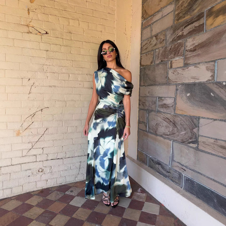Women's sheath dress with asymmetric neckline and exquisite draping
