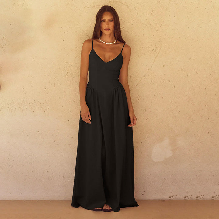 Ladies Elegant Long Maxi Dress with Slim Spaghetti Straps and Flowing Skirt Lune London