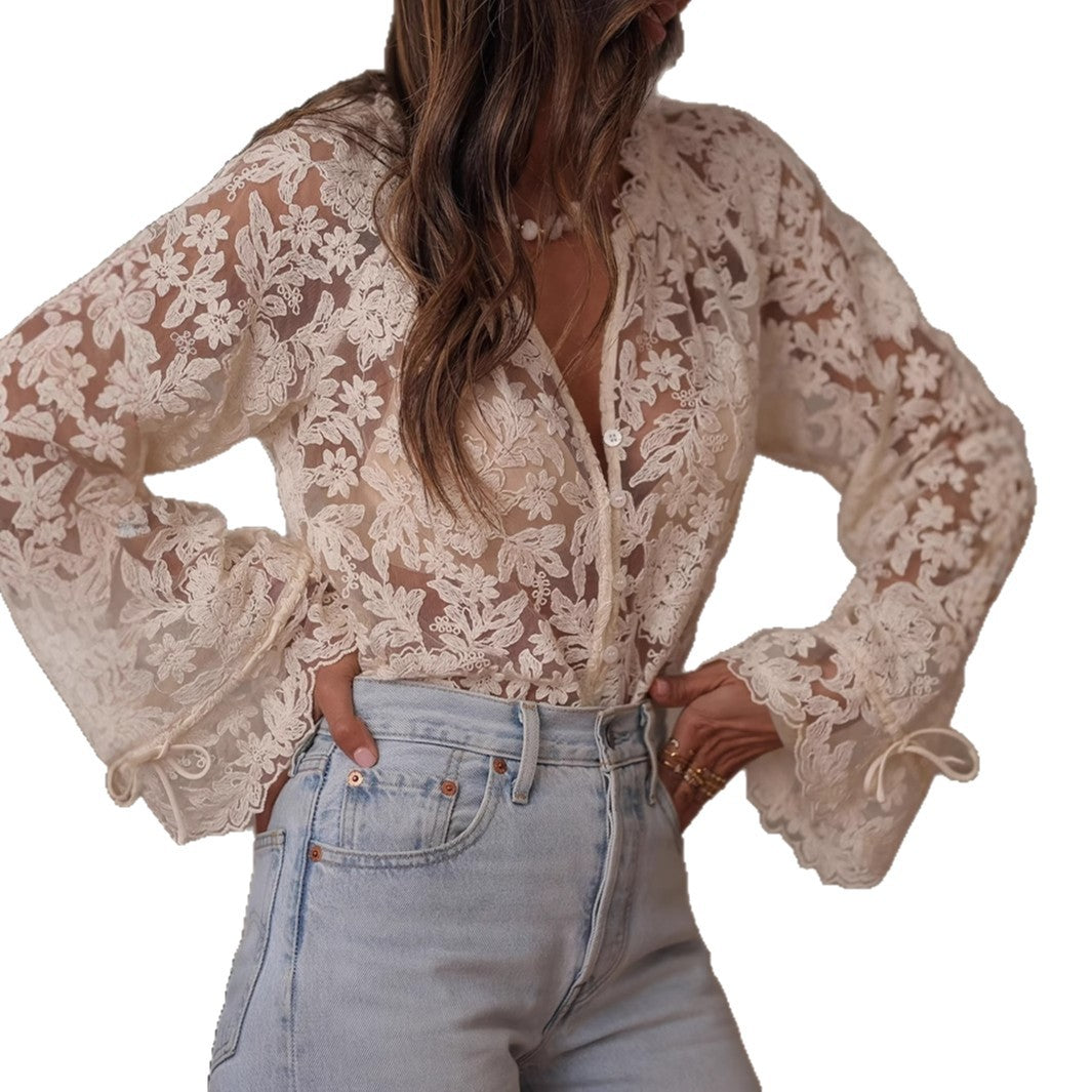Women's transparent blouse with floral embroidery and wide sleeves Lisslune
