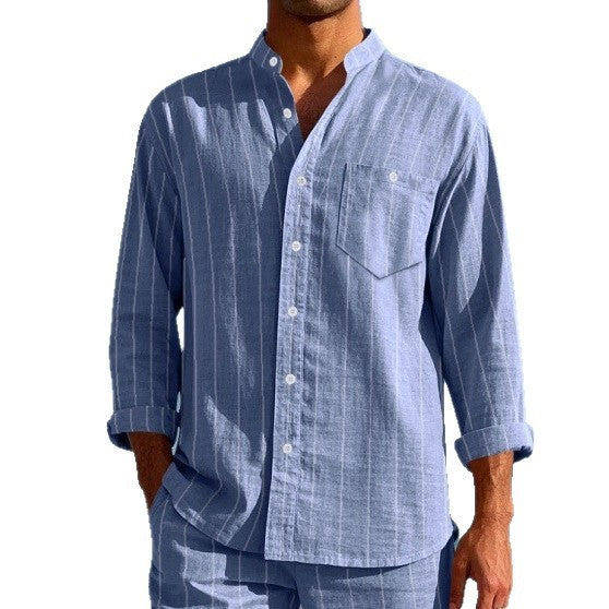 Men's long sleeve shirt with modern stand-up collar and fine stripe pattern Lisslune