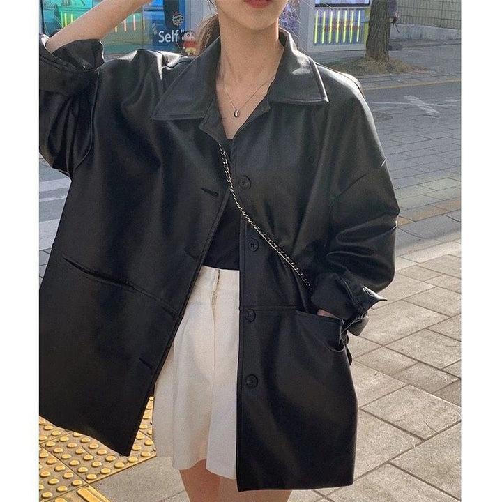 Women's fashionable leather jacket in oversized style with classic collar and decorative buttons Lisslune