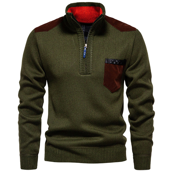 Men's Stand Collar Sweater with Contrasting Details and Practical Pockets Lisslune