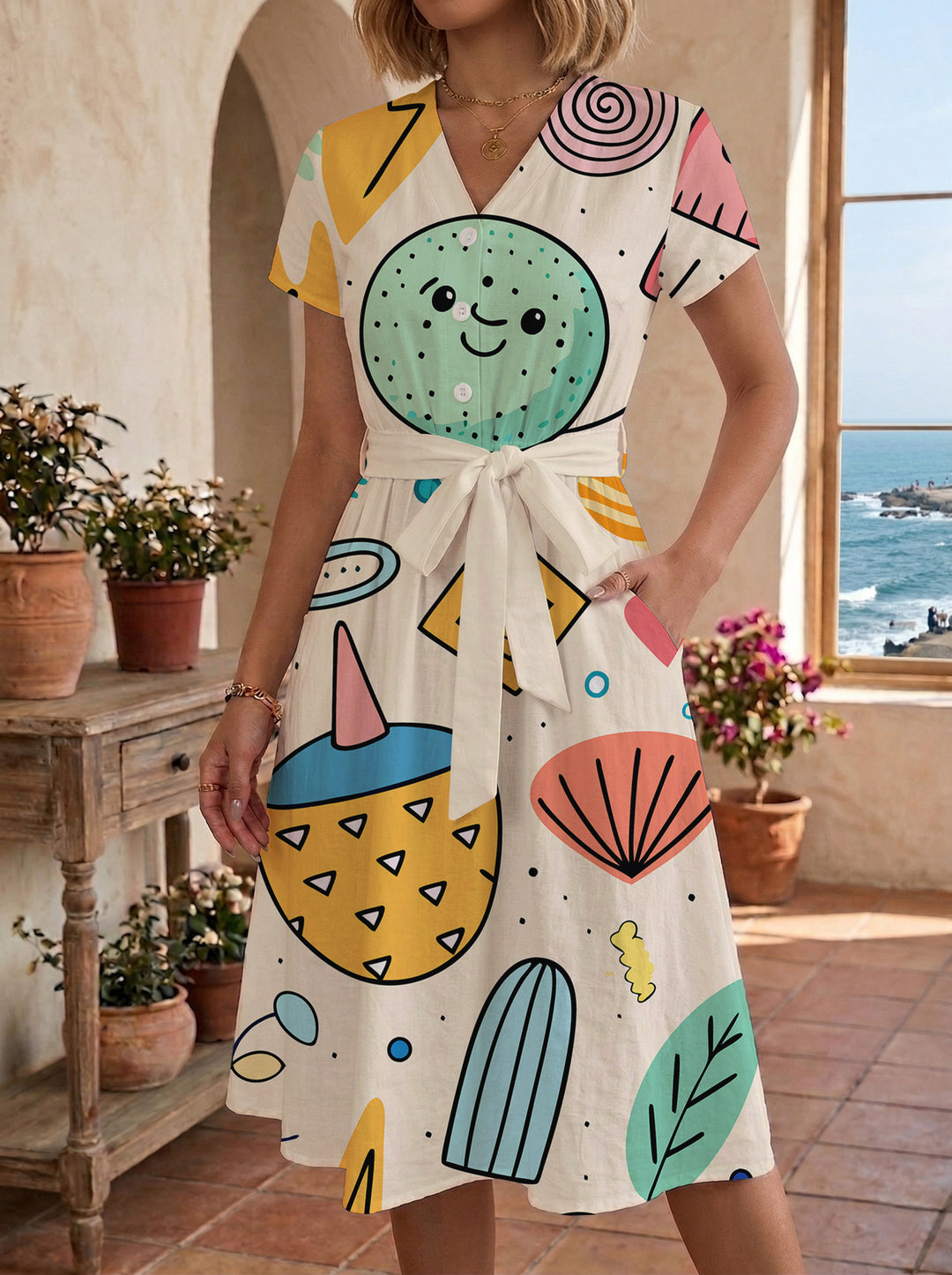 Women’s midi dress with colorful floral design and adjustable tie belt Lisslune