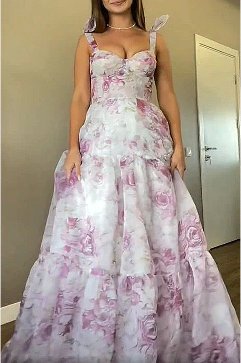 Women Elegant Maxi Dress with Floral Details and Ruffled Straps Lisslune