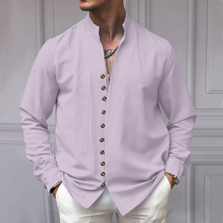 Men's long sleeve shirt with stand-up collar and stylish button details Lisslune