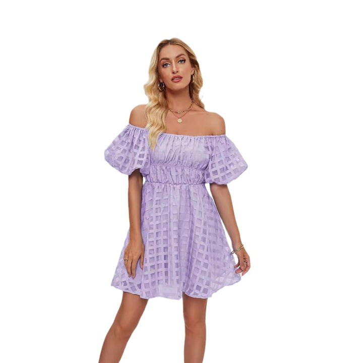 Women's casual dress in modern check pattern with puff sleeves and elastic waist