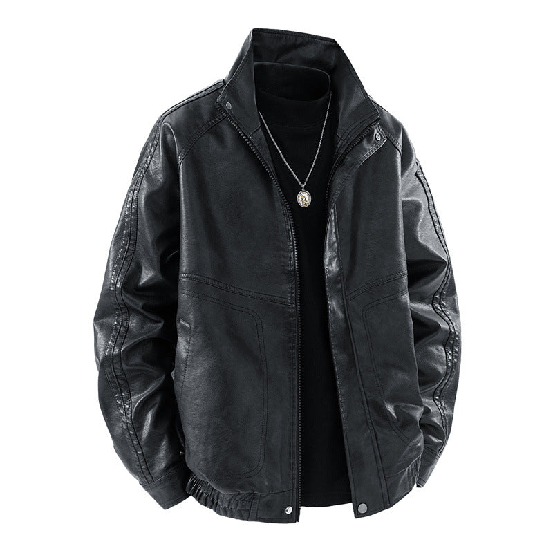 Men's synthetic leather jacket with practical stand-up collar and elastic cuffs Lisslune