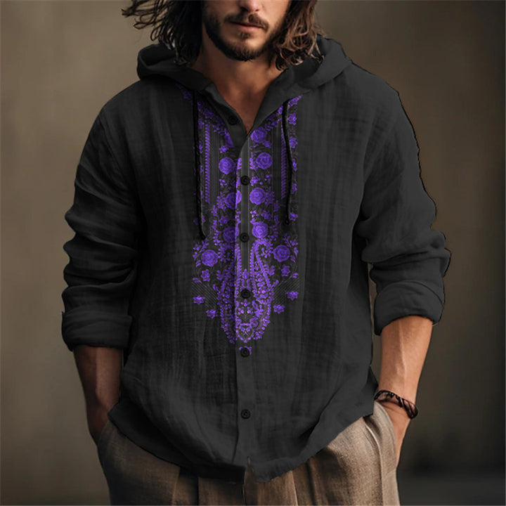 Men's hooded blouse with elaborate floral embroidery and modern cut Lisslune