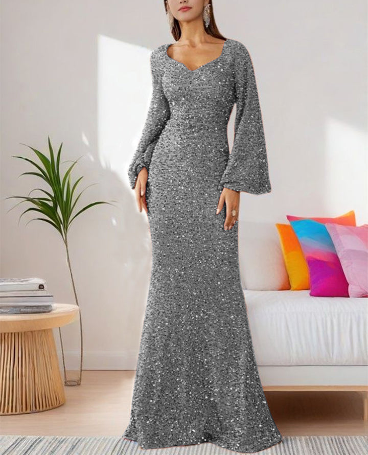 Ladies Glamorous Glitter Evening Dress with Swinging Skirt and Voluminous Sleeves Lisslune