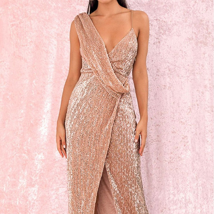Ladies glittering evening dress with wrap look and high slit