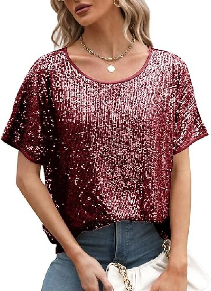Women Glamorous Sequin Top with Wide Sleeves and Loose Fit Lisslune