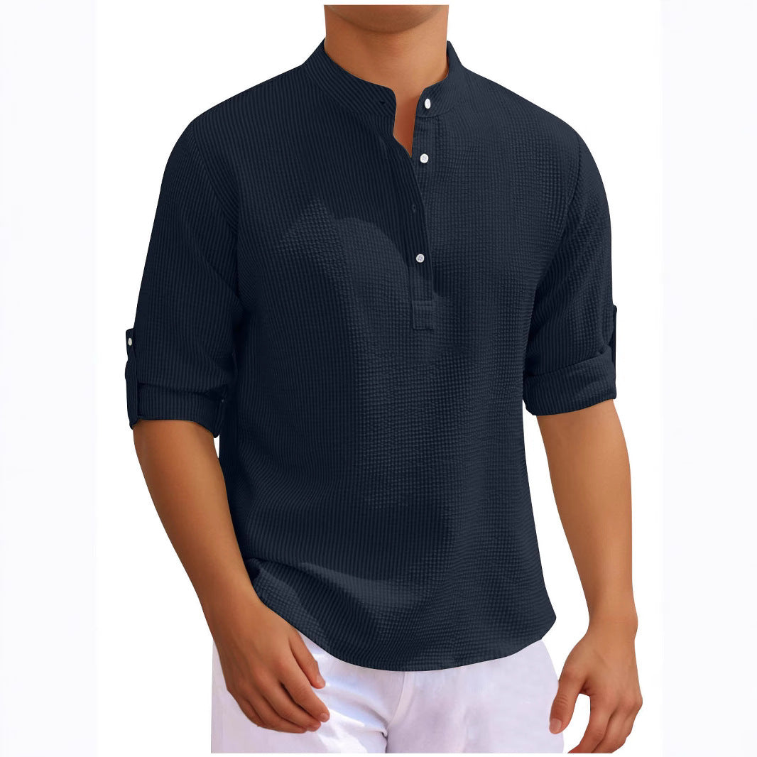 Men's casual long sleeve shirt with button placket and rollable sleeves Lisslune