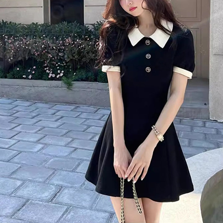 Women Short Sleeve Polo Dress with Button Details and Contrast Collar