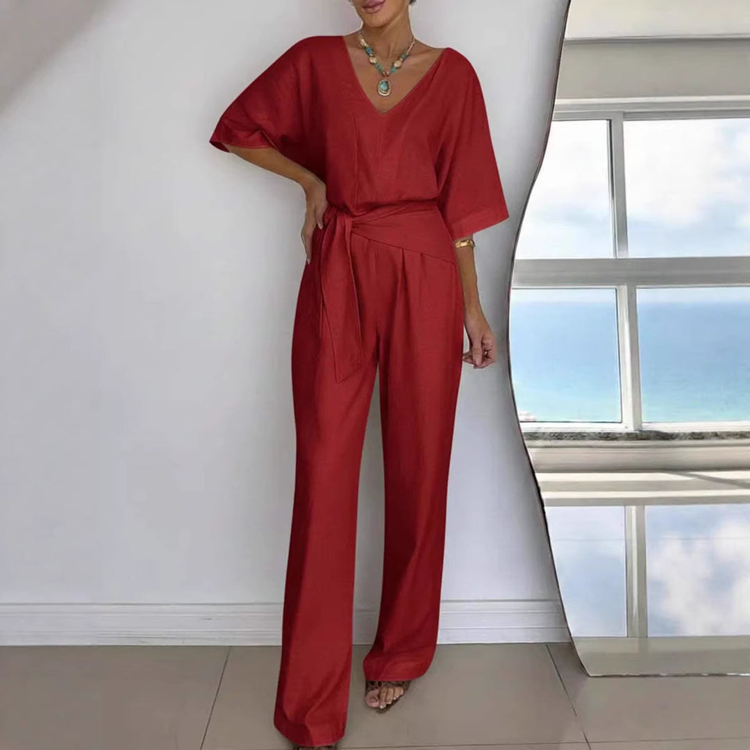 Women Elegant Jumpsuit with Tailored Cut and Wrap Belt Lisslune