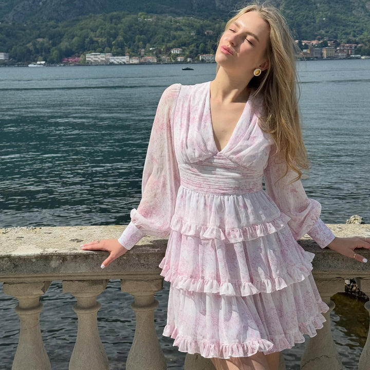Women's romantic ruffle detail dress with deep V-neck and long sleeve Lisslune